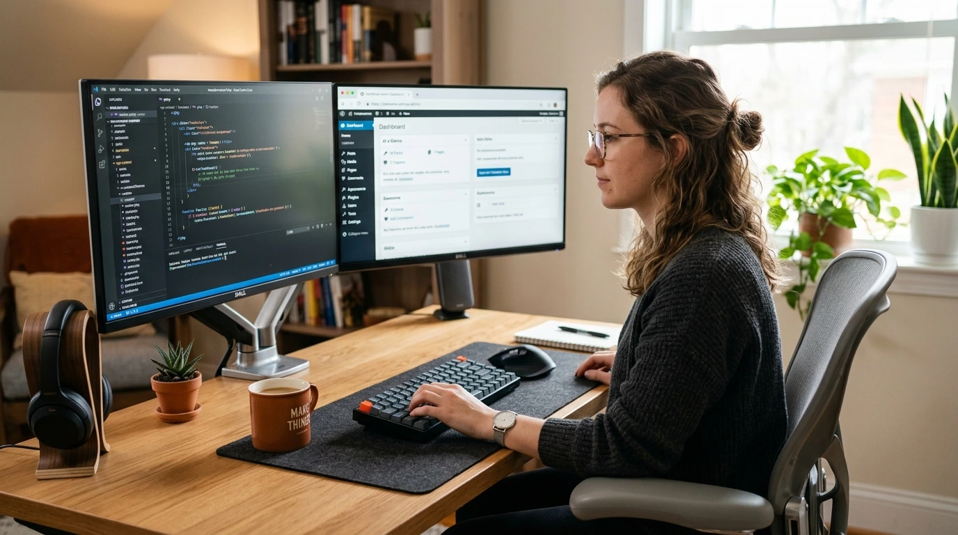 Freelance travaillant sur un éditeur de code et un tableau de bord WordPress