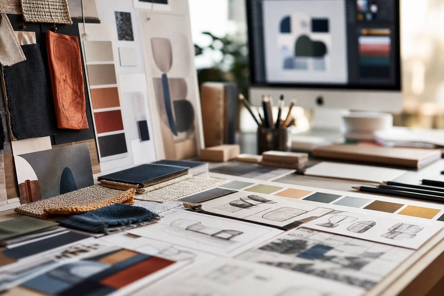 Espace travail creatif mood board echantillons design
