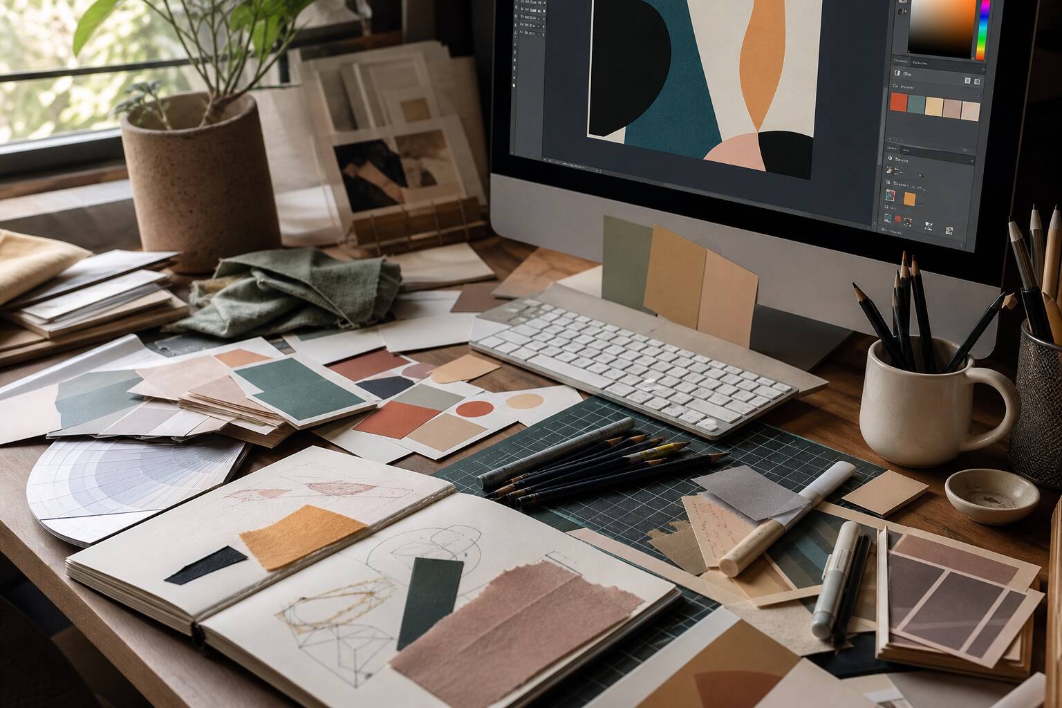 Mood board de design graphique et écran avec logiciel de création