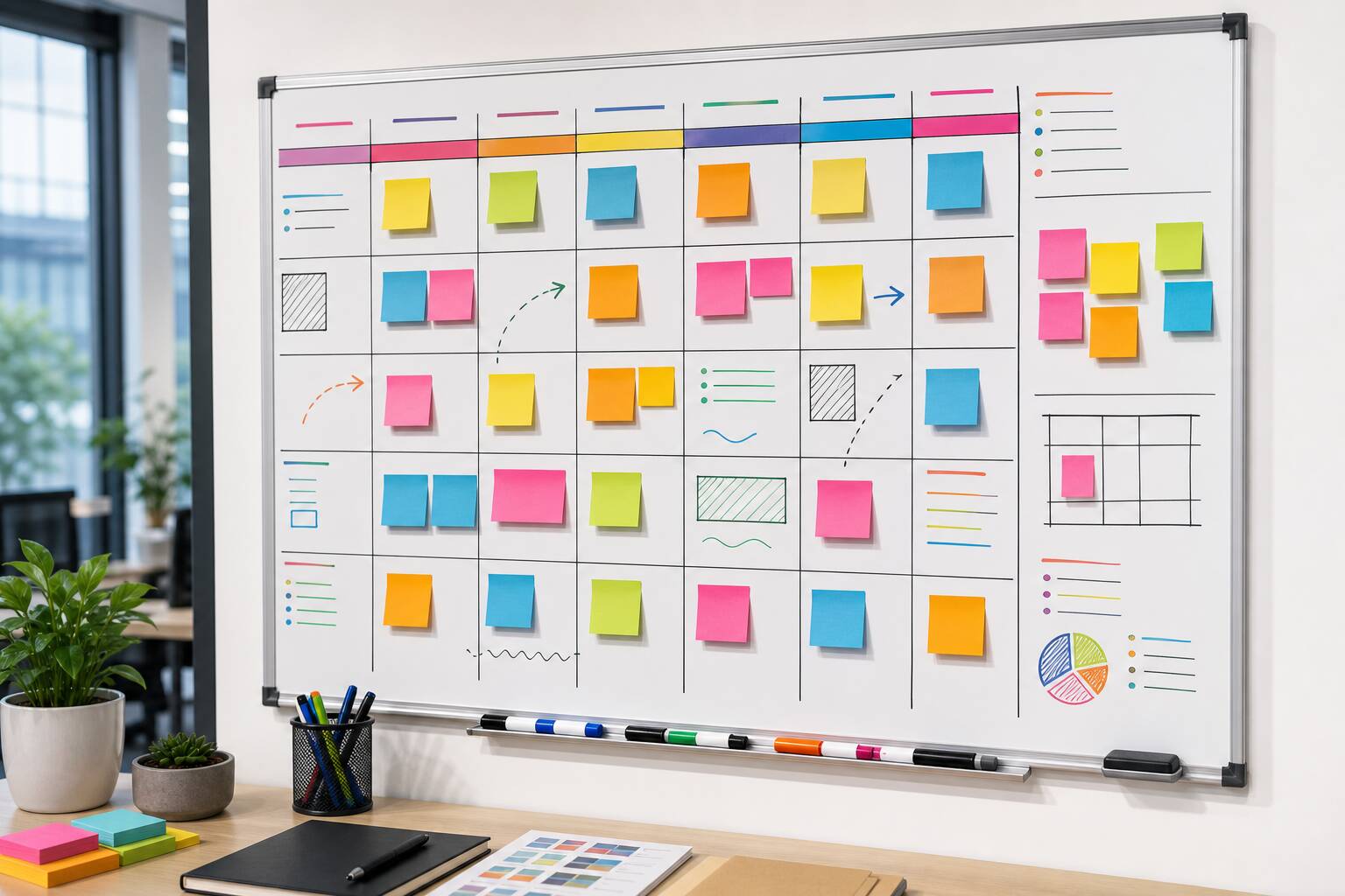 Planning marketing sticky notes marqueurs colores