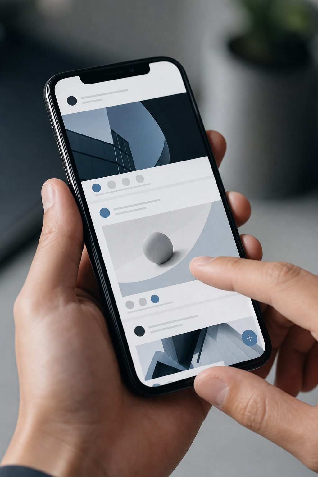 Timeline réseaux sociaux sur smartphone, défilement vertical
