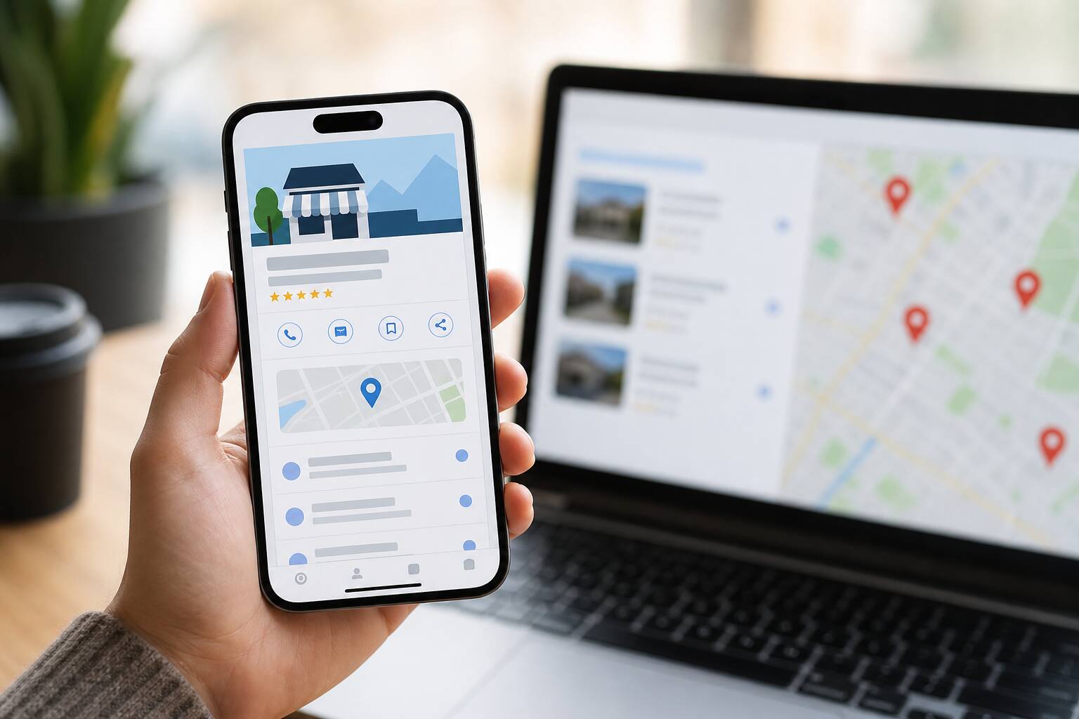 Smartphone affichant une fiche Google My Business pour le référencement local
