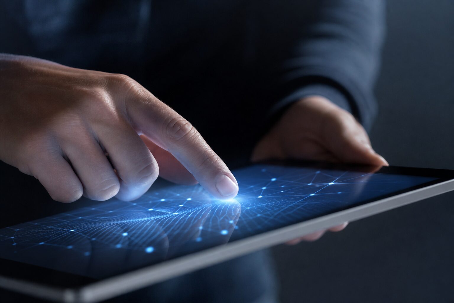 Exploration interface lumineuse sur tablette découverte high-tech