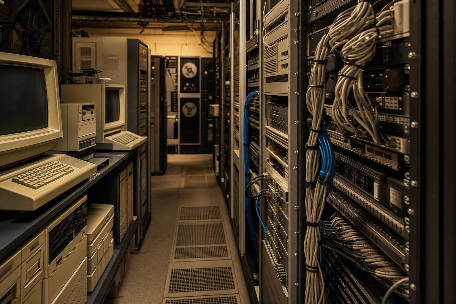 Ordinateurs vintage et câbles réseau dans un data center historique