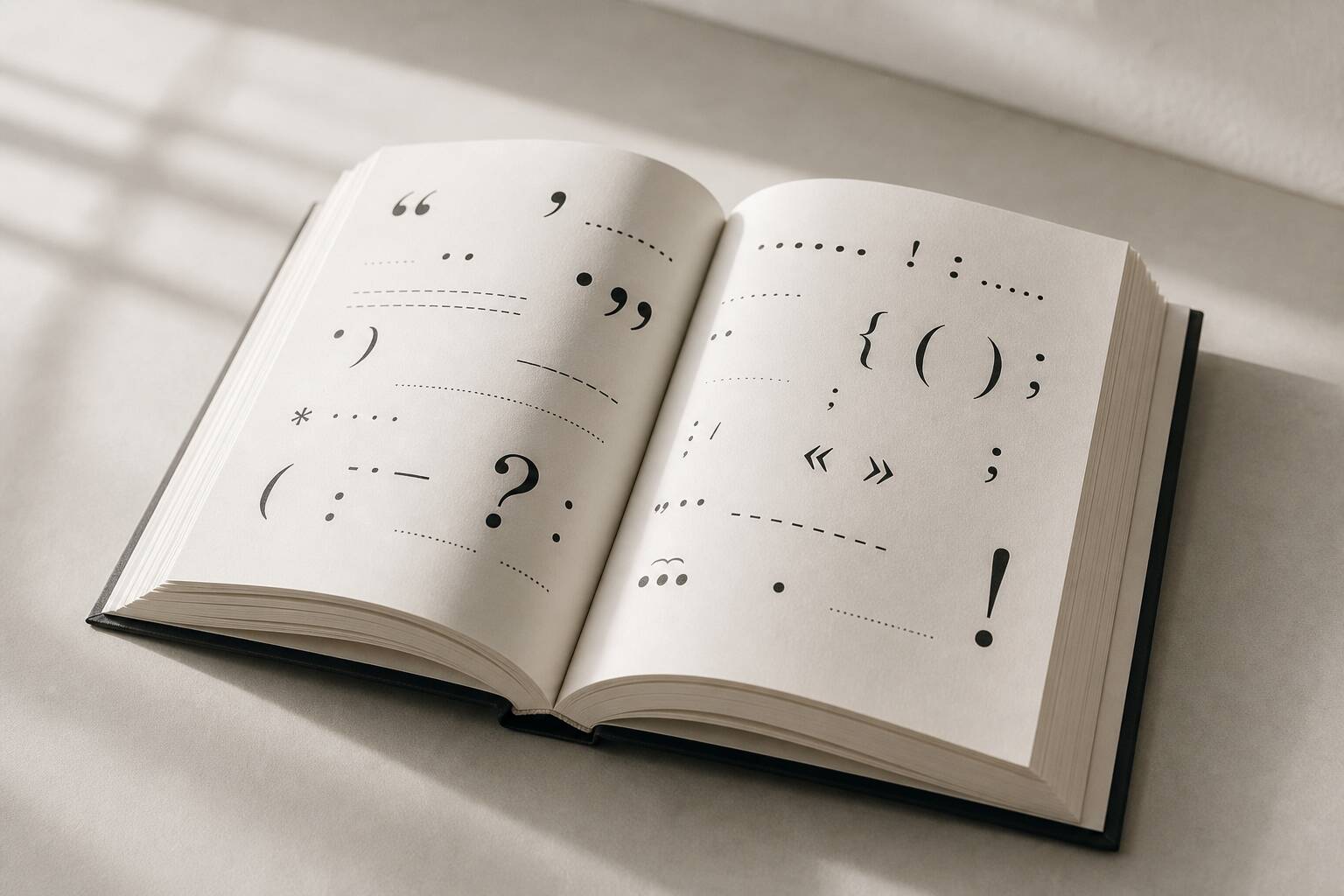 Livre ouvert avec ponctuation et typographie minimaliste