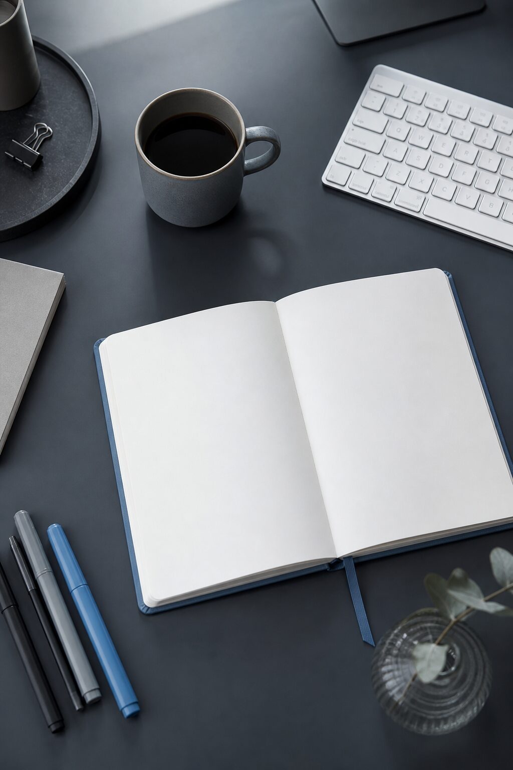 Bureau créatif cahier marqueurs café écriture prompts