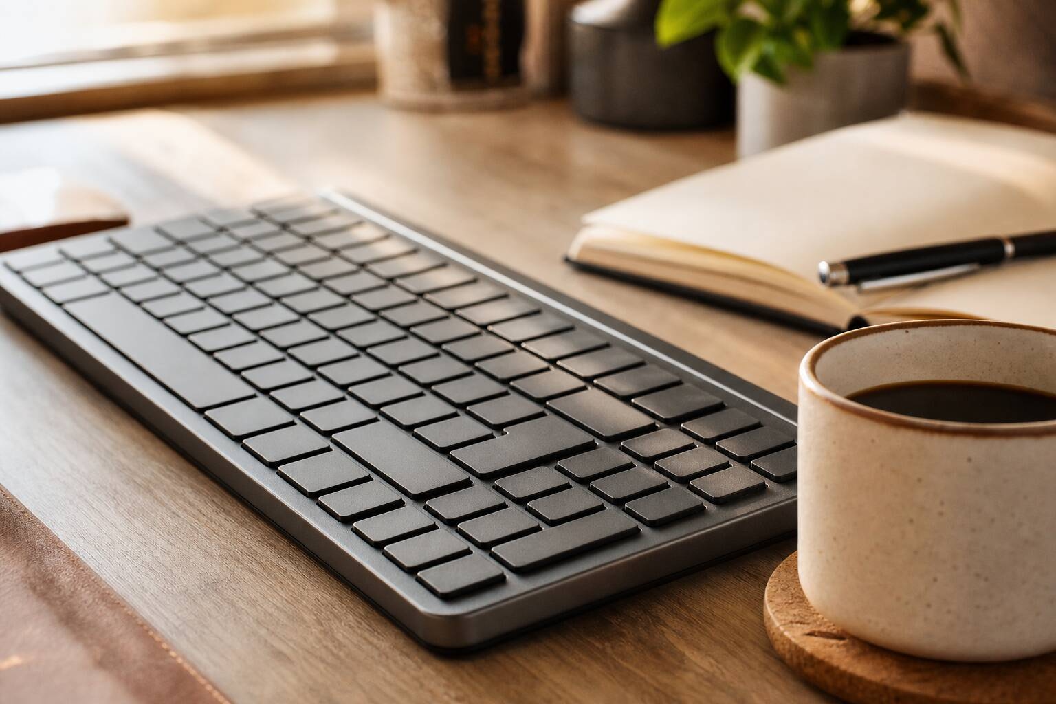 Bureau productif avec clavier d'ordinateur et tasse de café