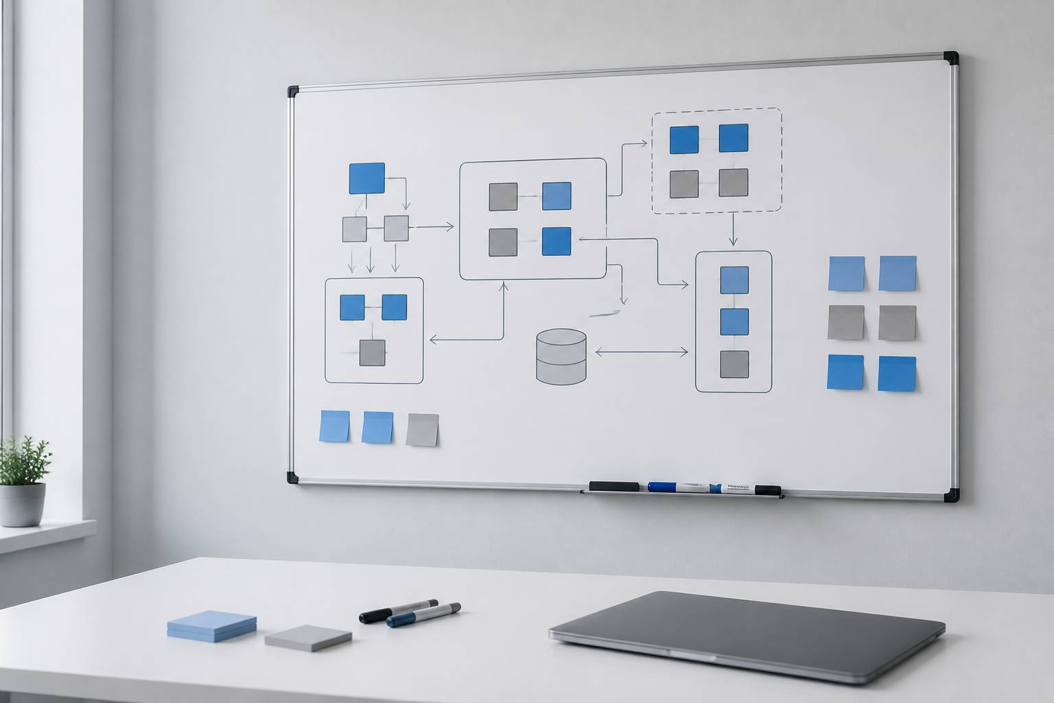 Schéma d'architecture logicielle générique sur un tableau blanc avec post-it