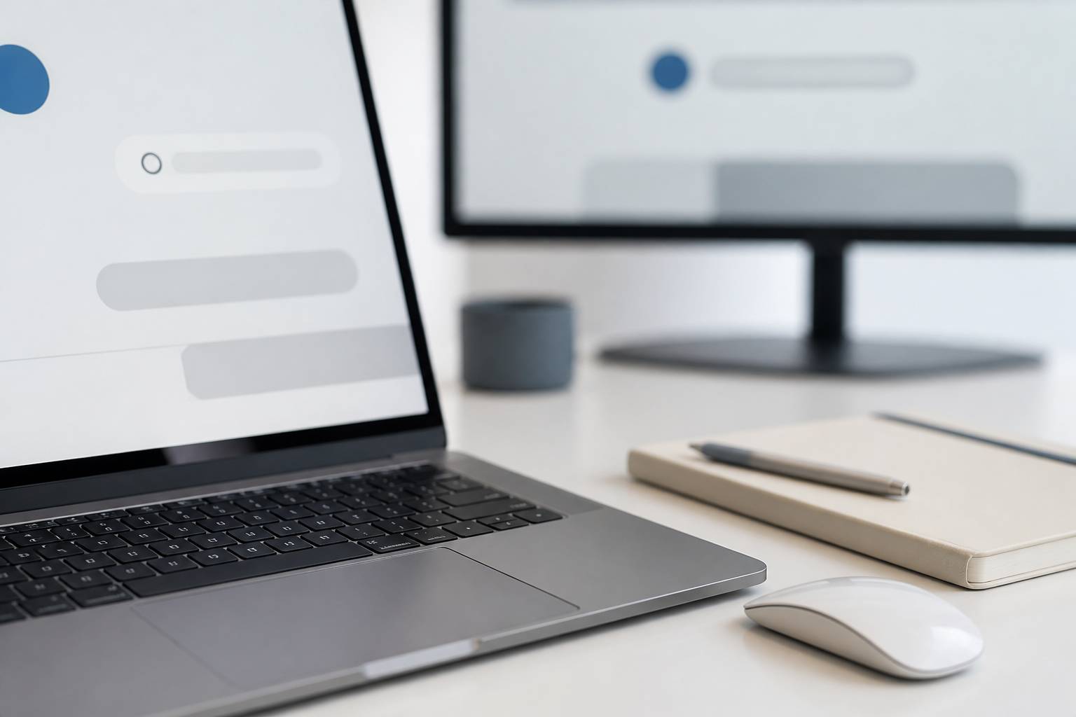 Clavier d'ordinateur portable et souris sur bureau clair avec écran de recherche abstrait flou en arrière-plan