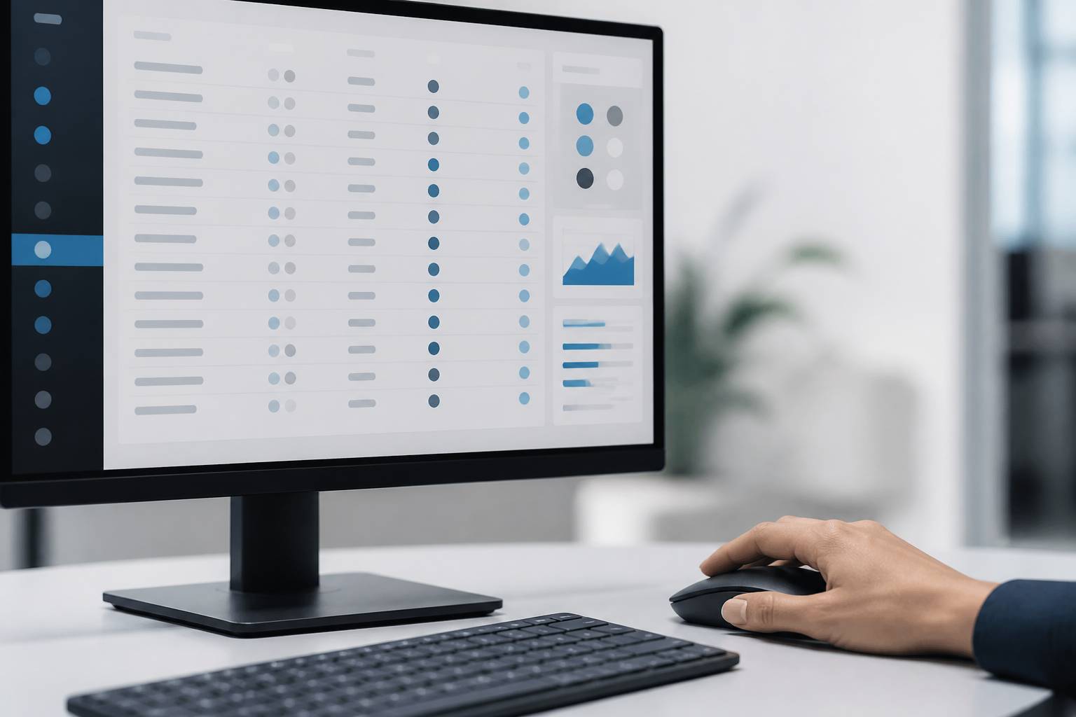 Écran de CRM avec colonnes de données abstraites et main sur la souris