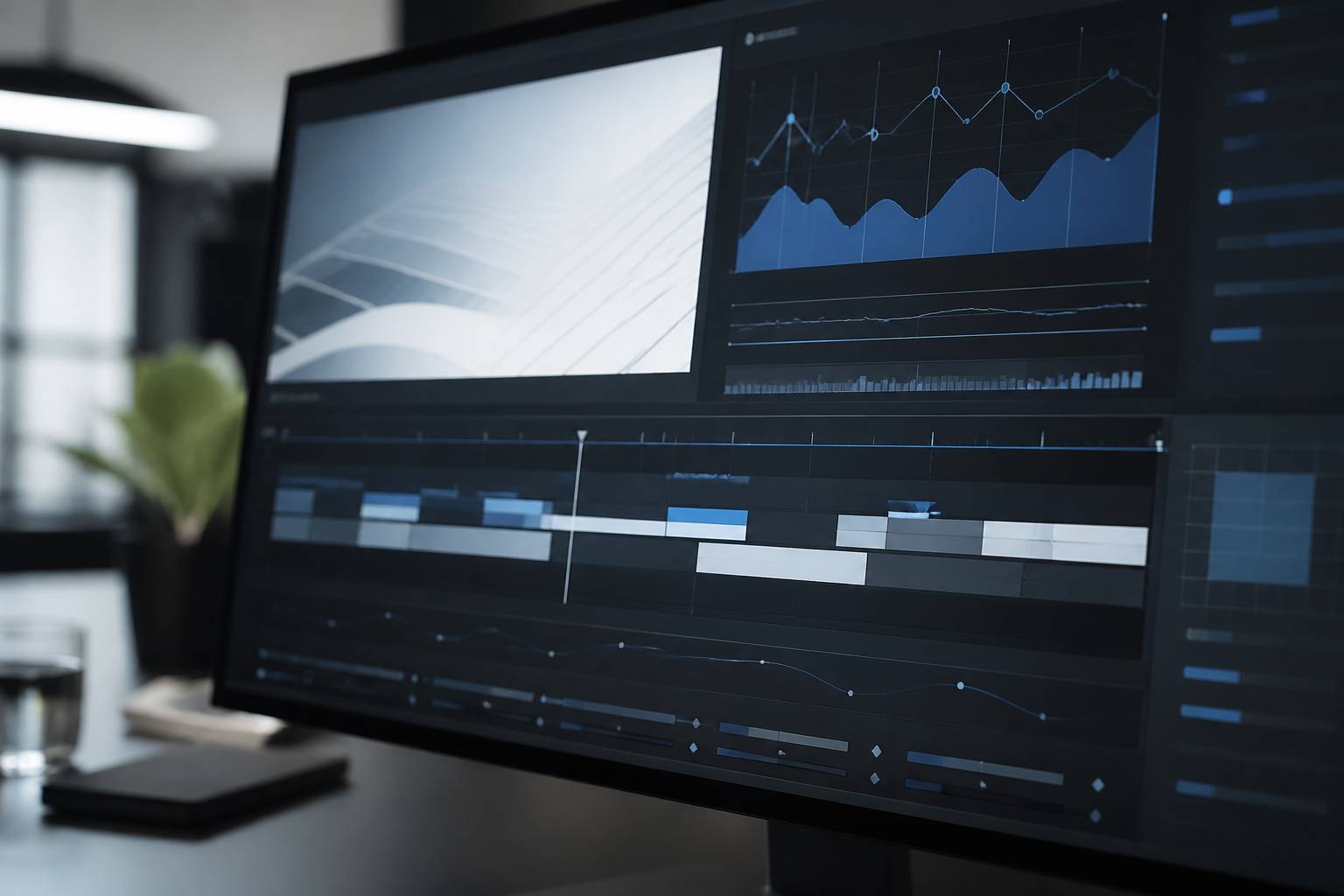 Écran avec timeline vidéo et courbes de performance floues lors d'un audit
