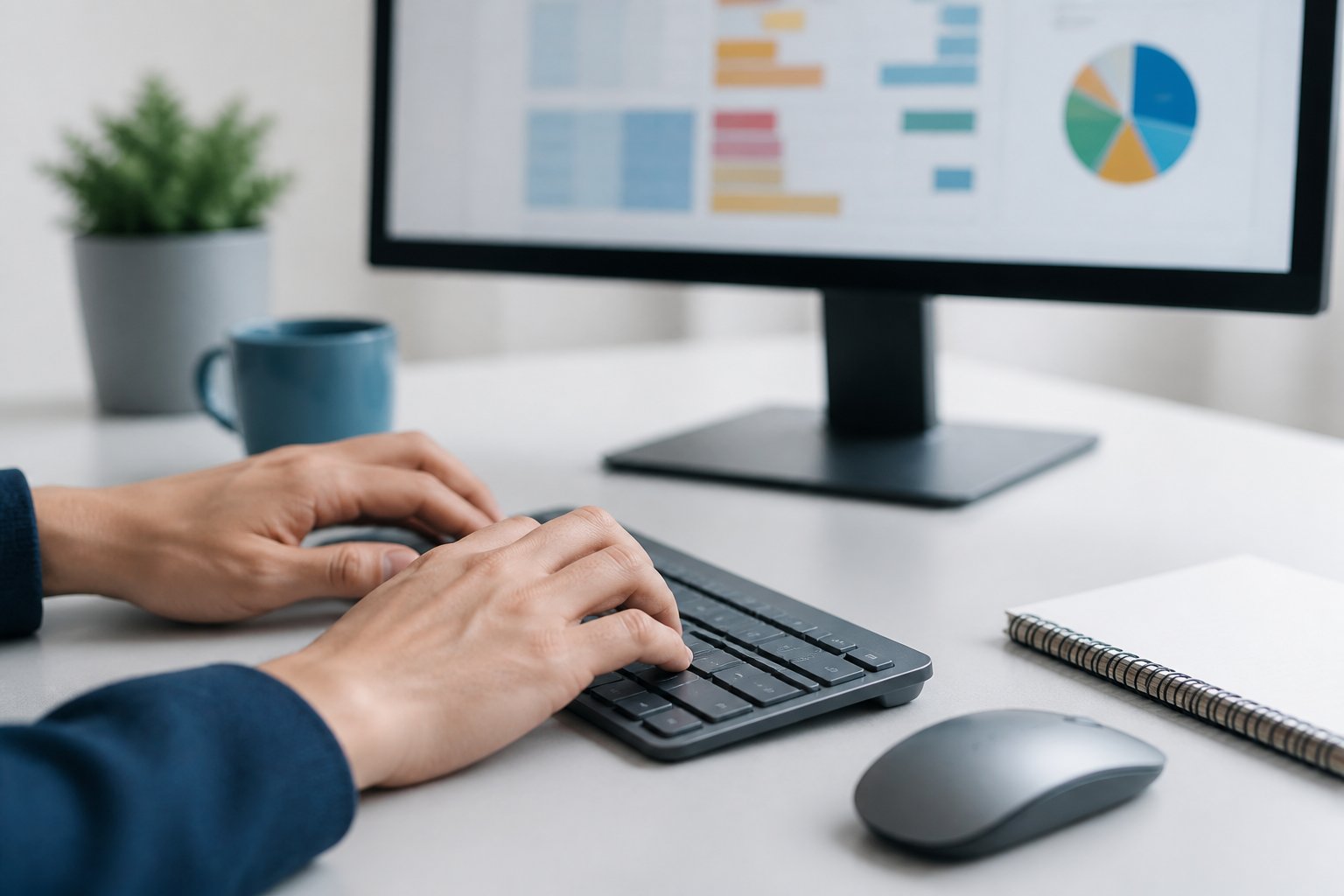 Mains sur un clavier avec une feuille de calcul et un graphique à l'écran