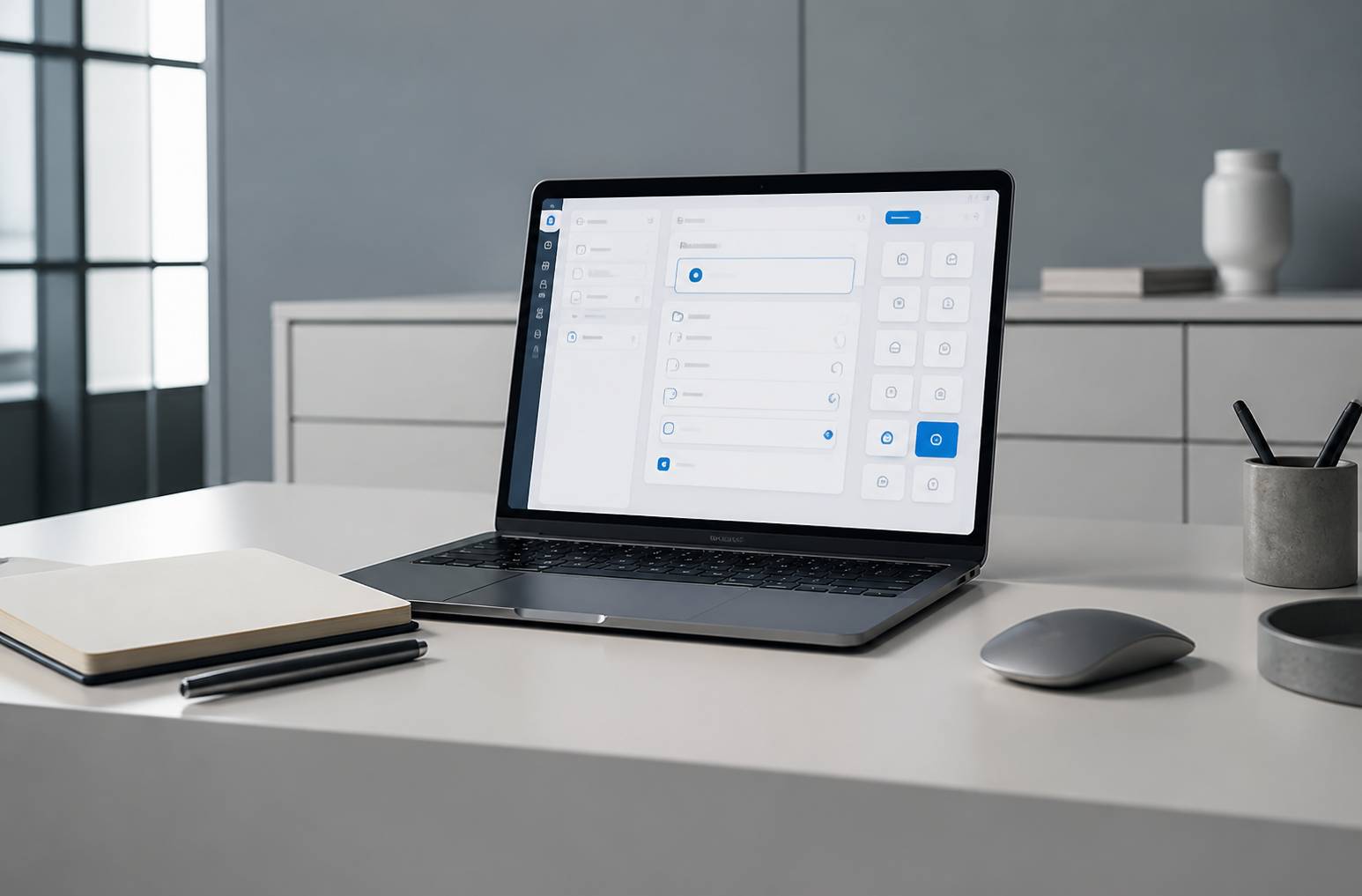 Portable affichant un constructeur de formulaire visuel sans texte sur un bureau