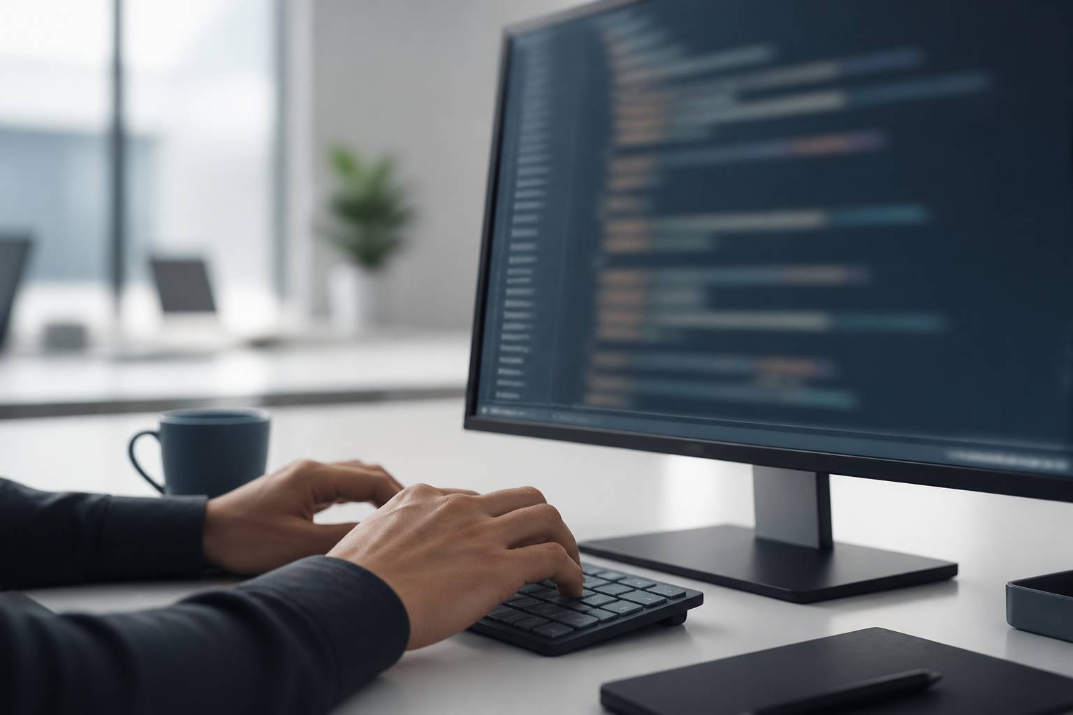 Mains tapant sur un clavier devant un écran de code flou