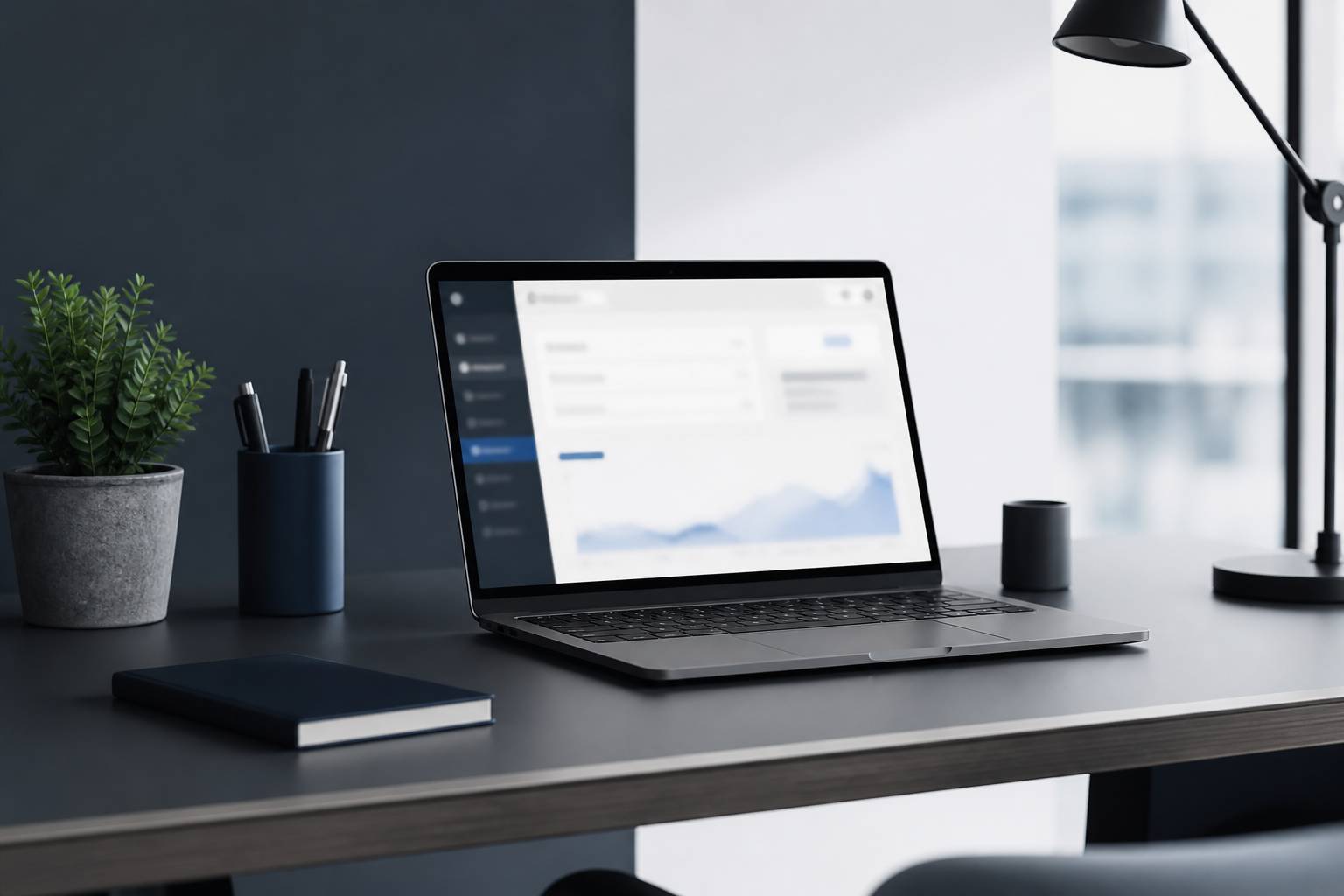 Poste de travail avec interface d'administration web floue à l'écran