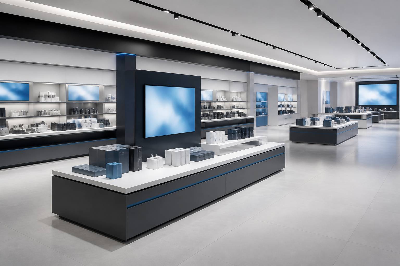 Magasin de detail moderne avec gondoles et ecrans numeriques