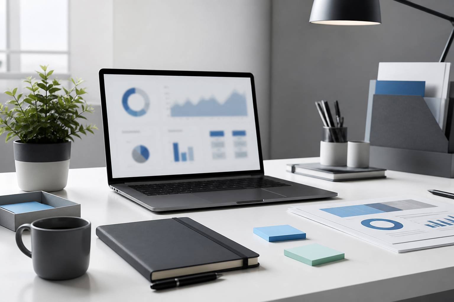 Poste de travail avec ordinateur portable, carnet et notes adhésives colorées