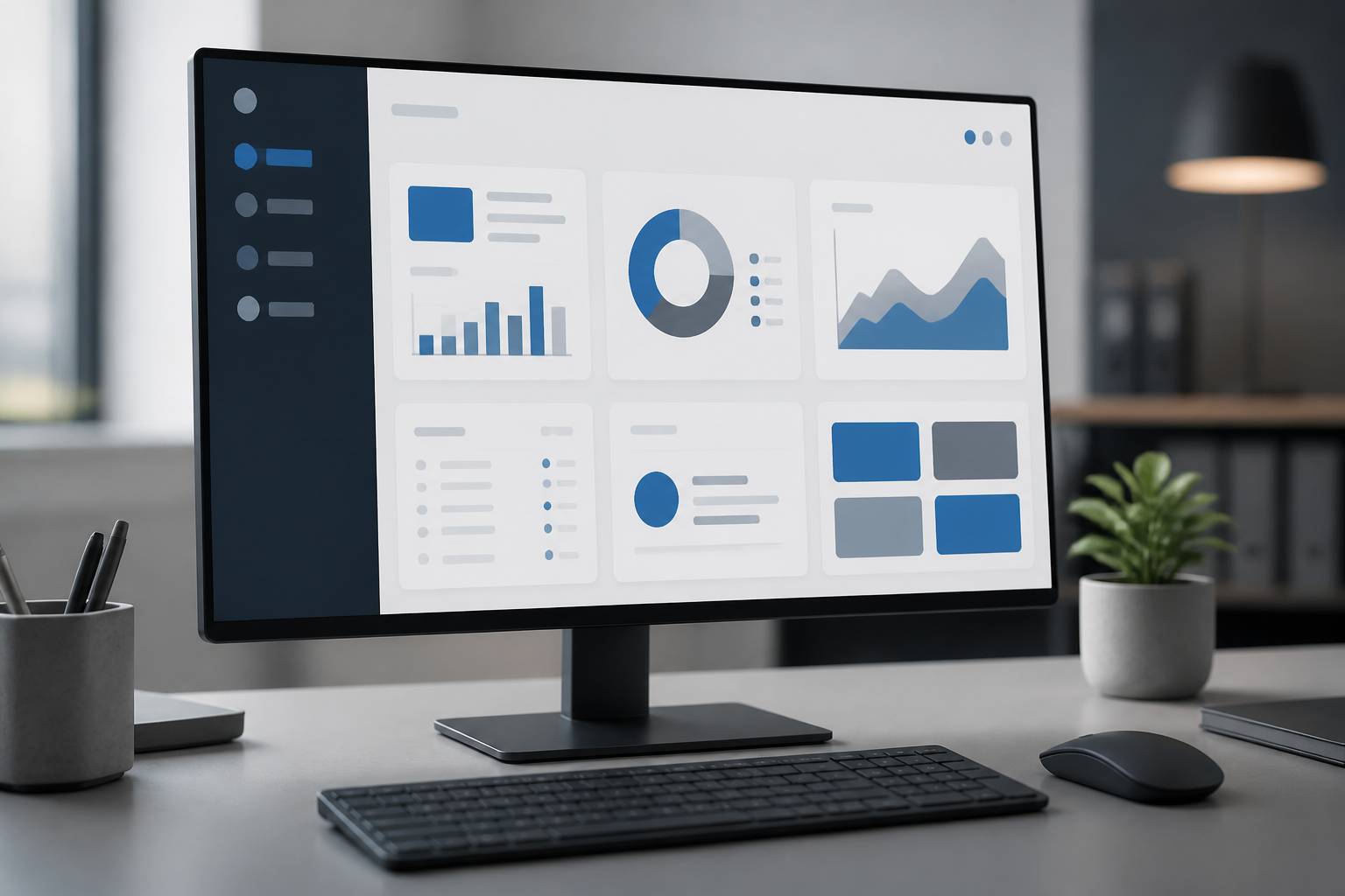 Écran avec panneaux d'interface abstraits évoquant l'organisation d'un site