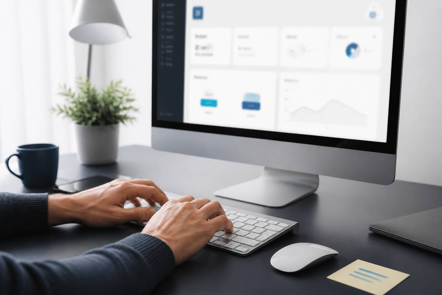 Mains tapant sur un clavier devant un écran d'hébergement web