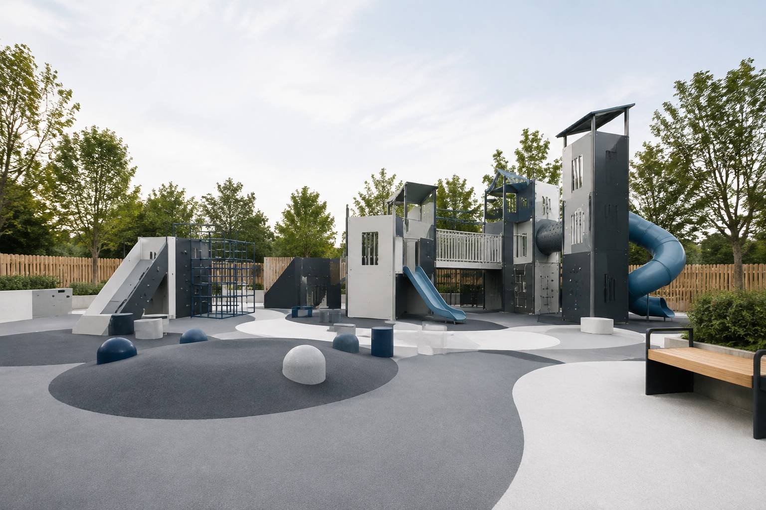 Espace de jeux sécurisé avec sol souple, modules variés et clôture basse en bois