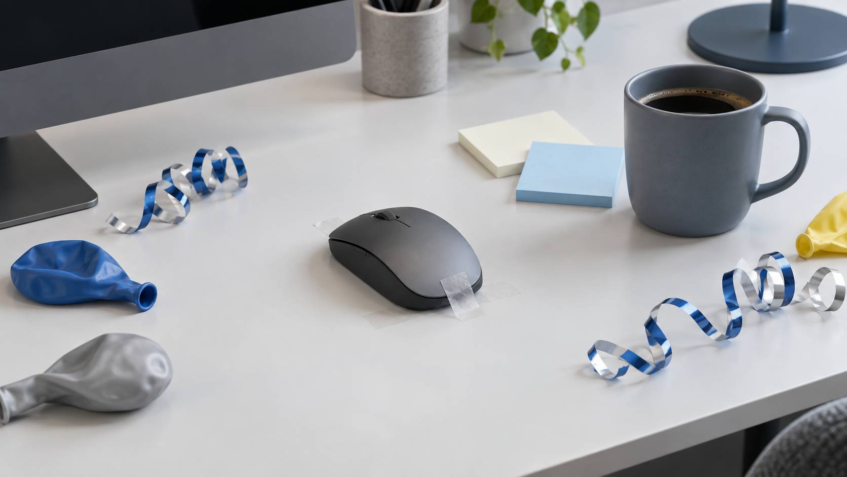 Détail d'un bureau avec ballons, serpentins et farce inoffensive