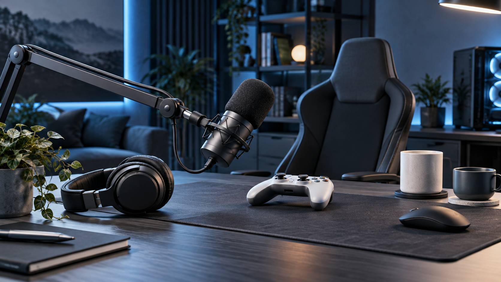 Détail d'un micro et d'un casque sur un bureau de streaming