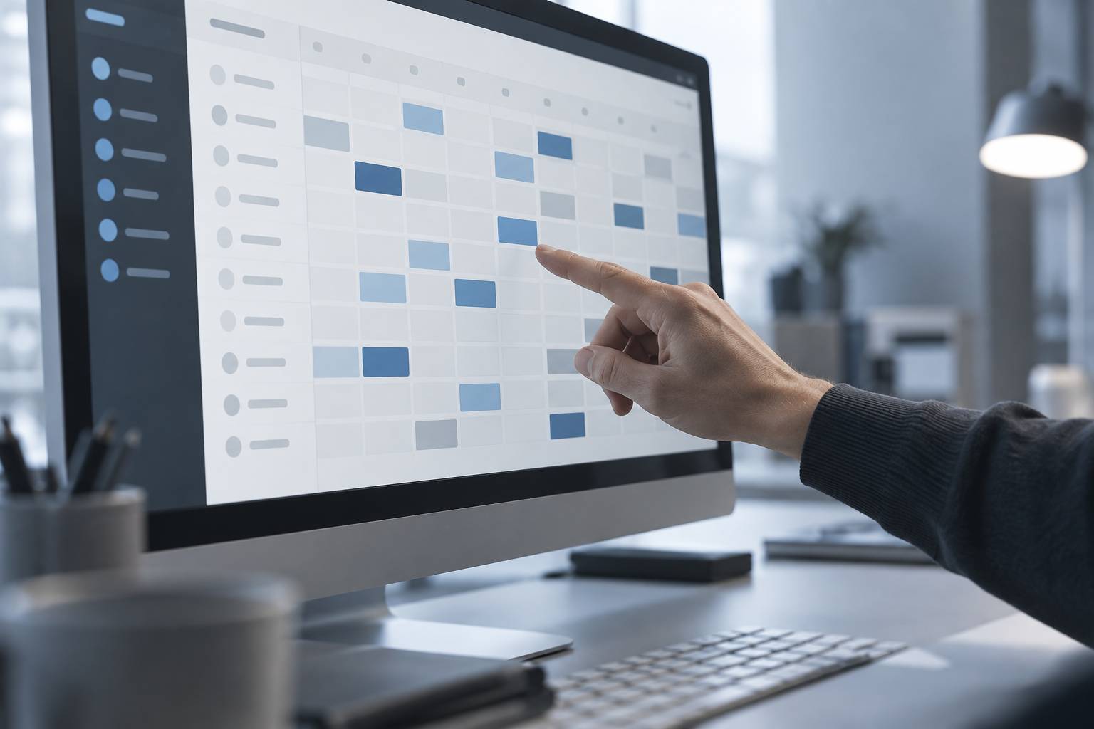 Écran d'ordinateur montrant une grille de planning et de pointage floue