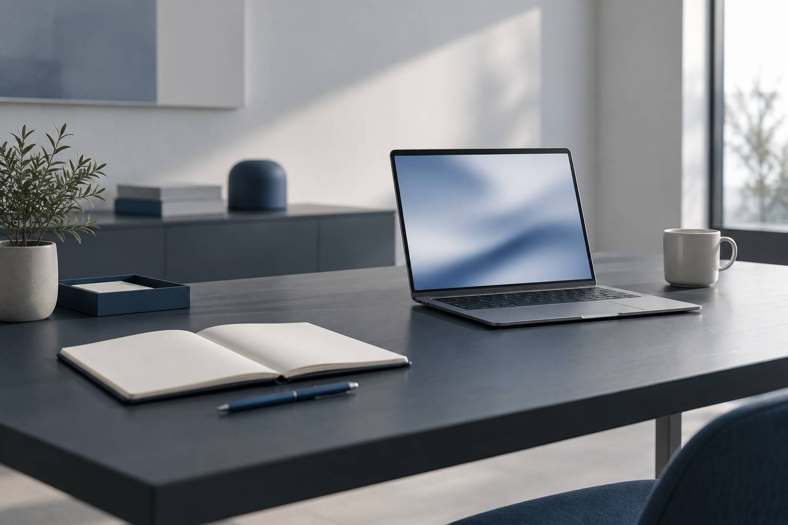 Bureau de travail sobre avec ordinateur portable et carnet vierge