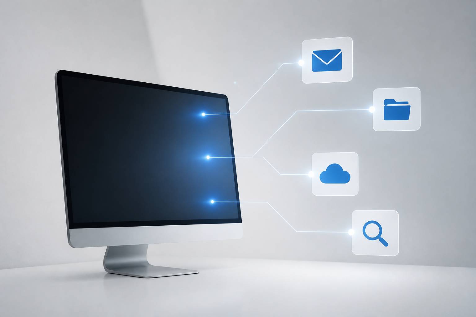 Représentation abstraite du web avec un écran relié à des icônes flottantes