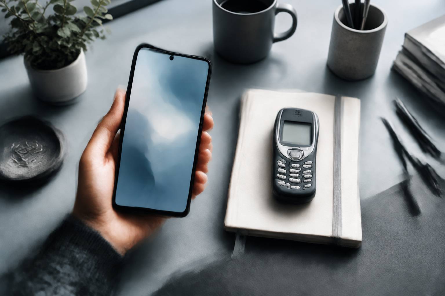 Main tenant un smartphone moderne à côté d'un ancien téléphone à touches