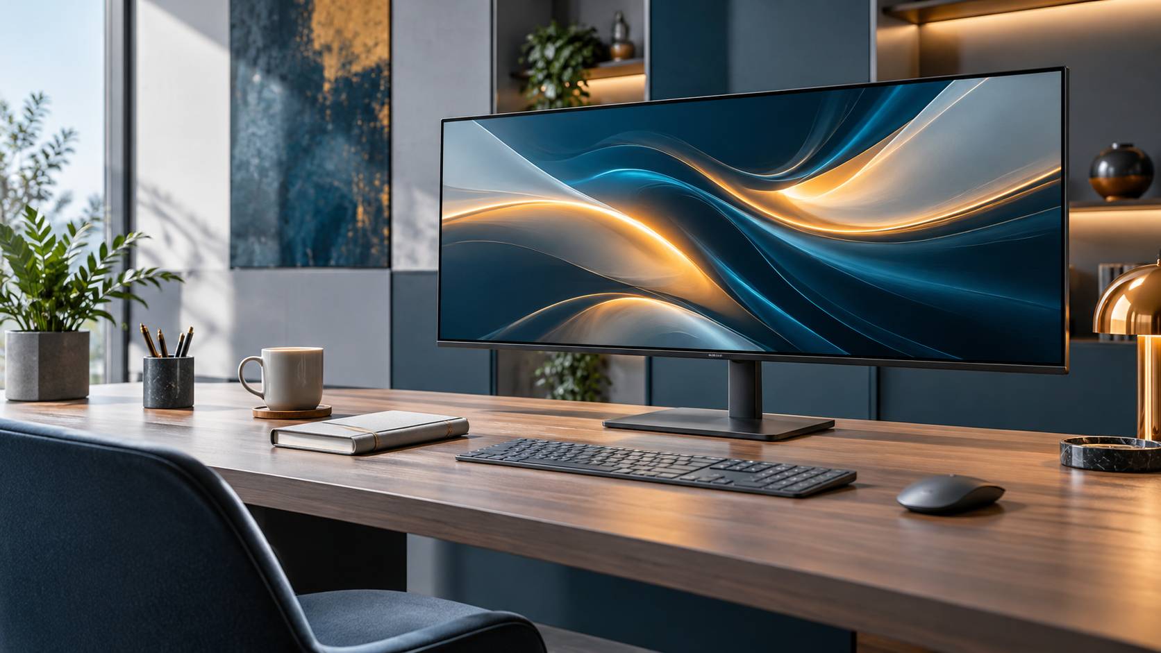 Écran affichant des formes abstraites sur un bureau sobre et lumineux