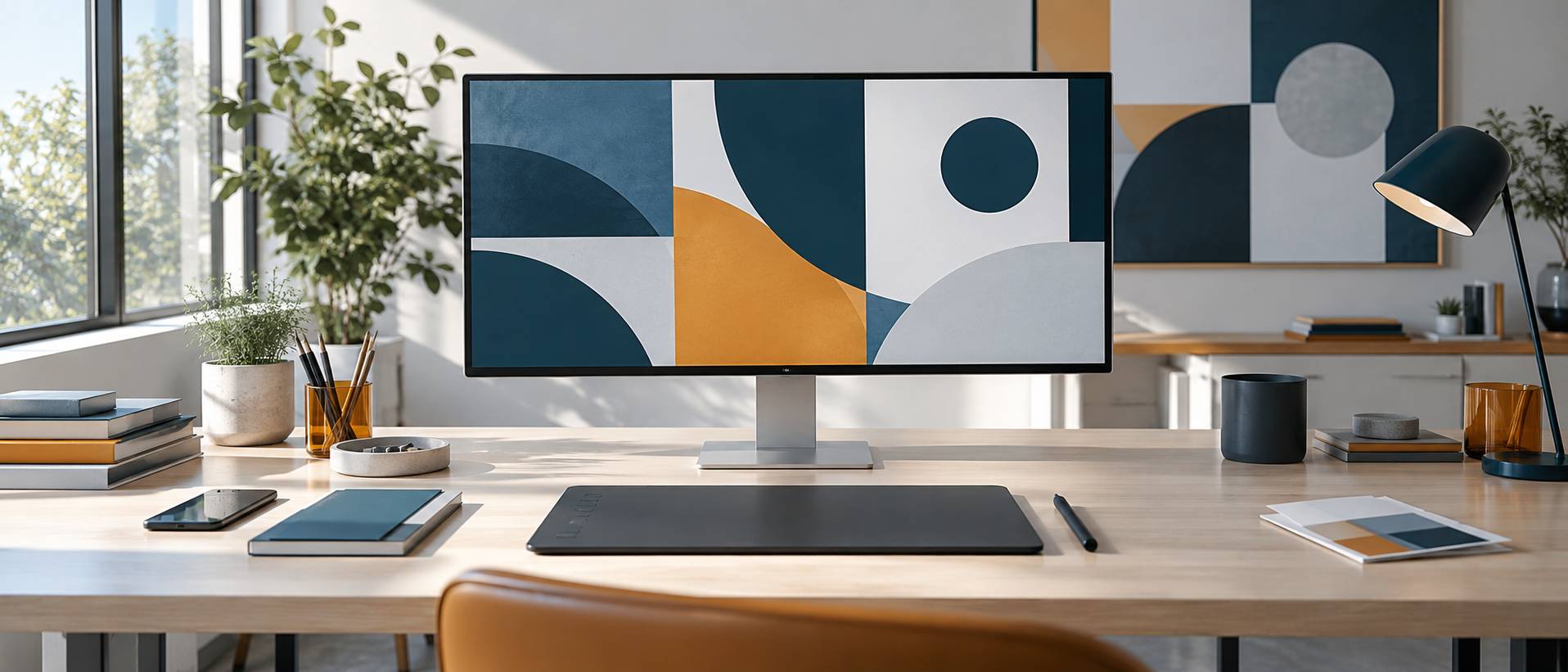 Poste de travail avec écran de formes géométriques colorées et stylet