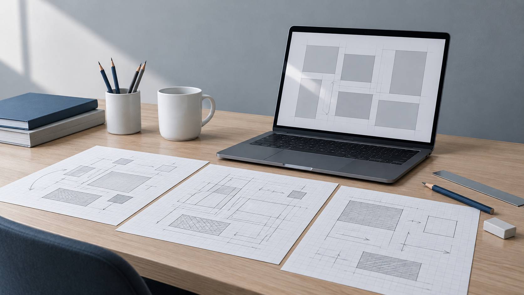 Maquette de page sur papier et écran aux blocs gris sur un bureau