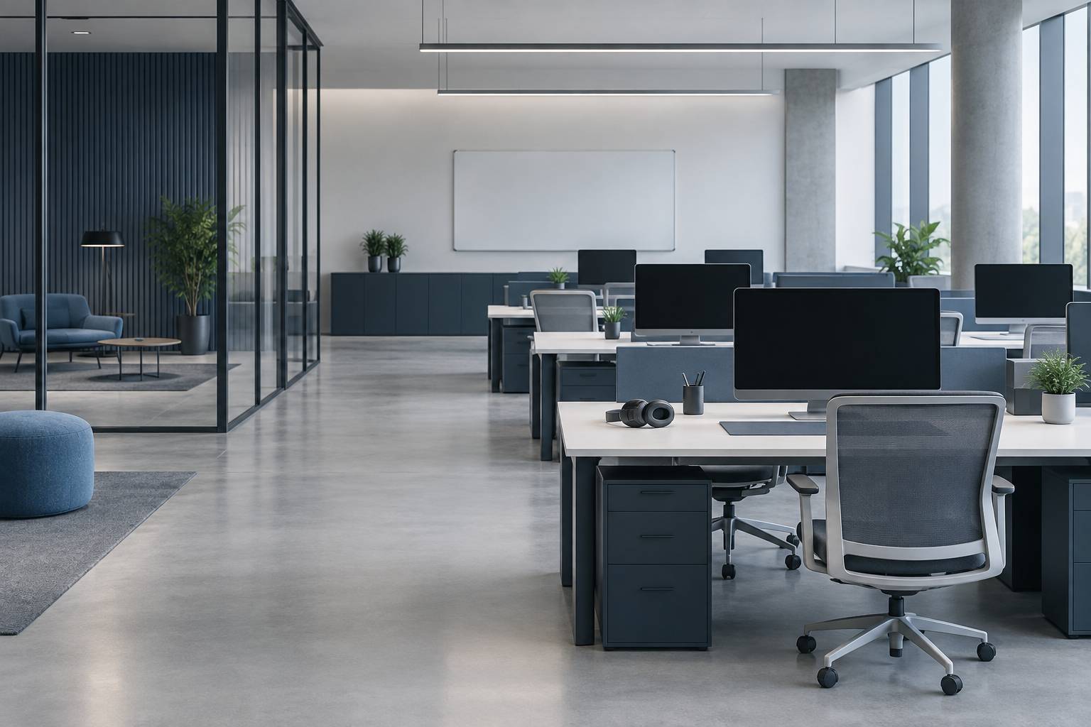 Espace de coworking sobre avec postes de travail et tableau blanc vierge