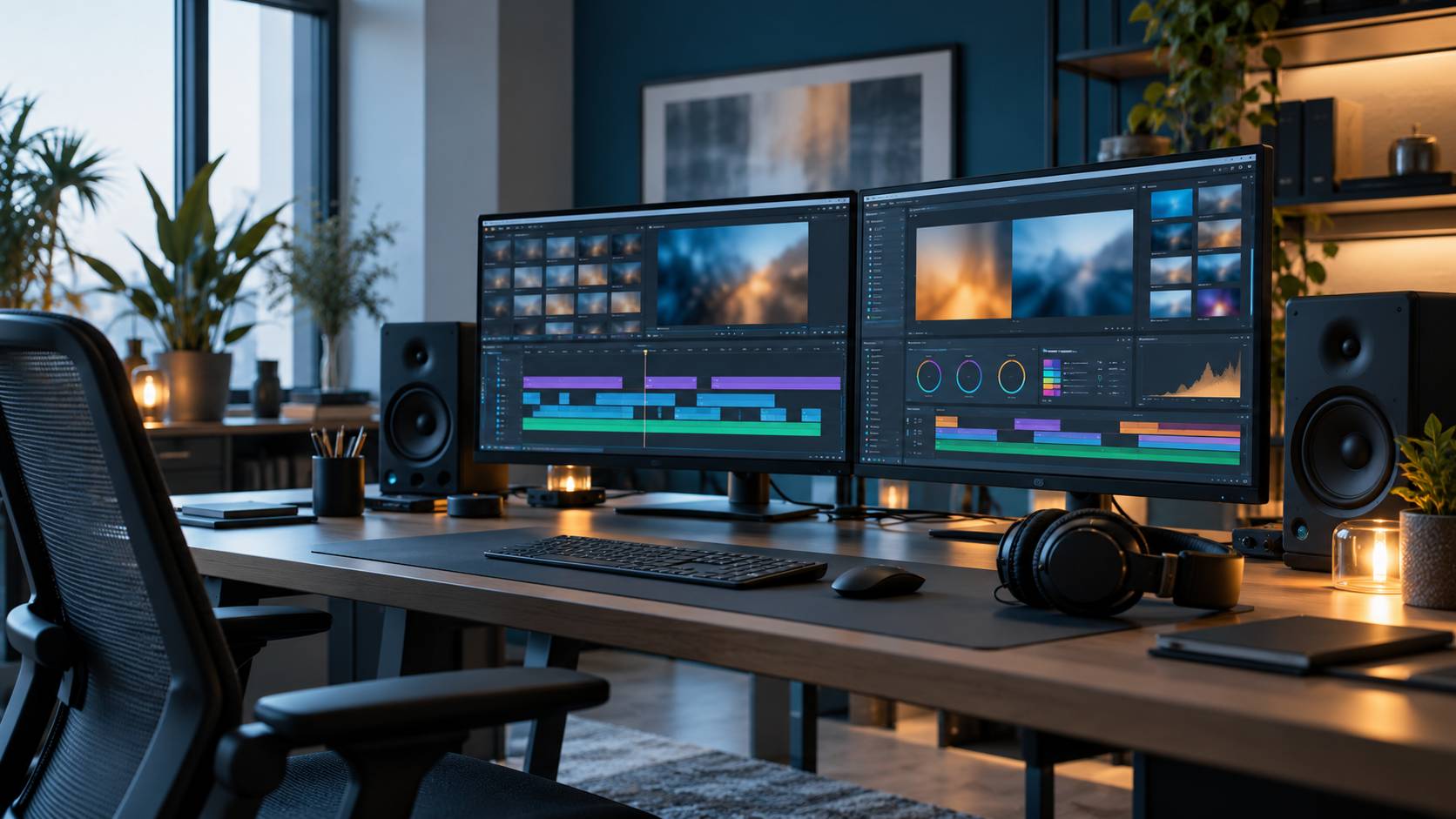 Poste de montage video avec deux ecrans de timelines abstraites, clavier et casque audio