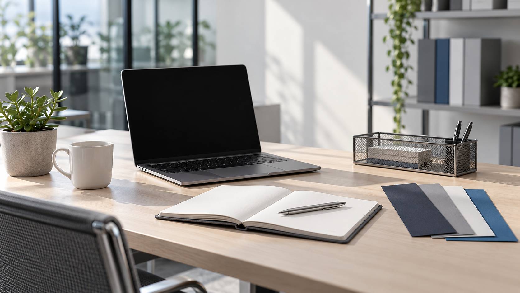 Bureau professionnel épuré avec ordinateur portable écran éteint, carnet vierge et bandes de couleur mates