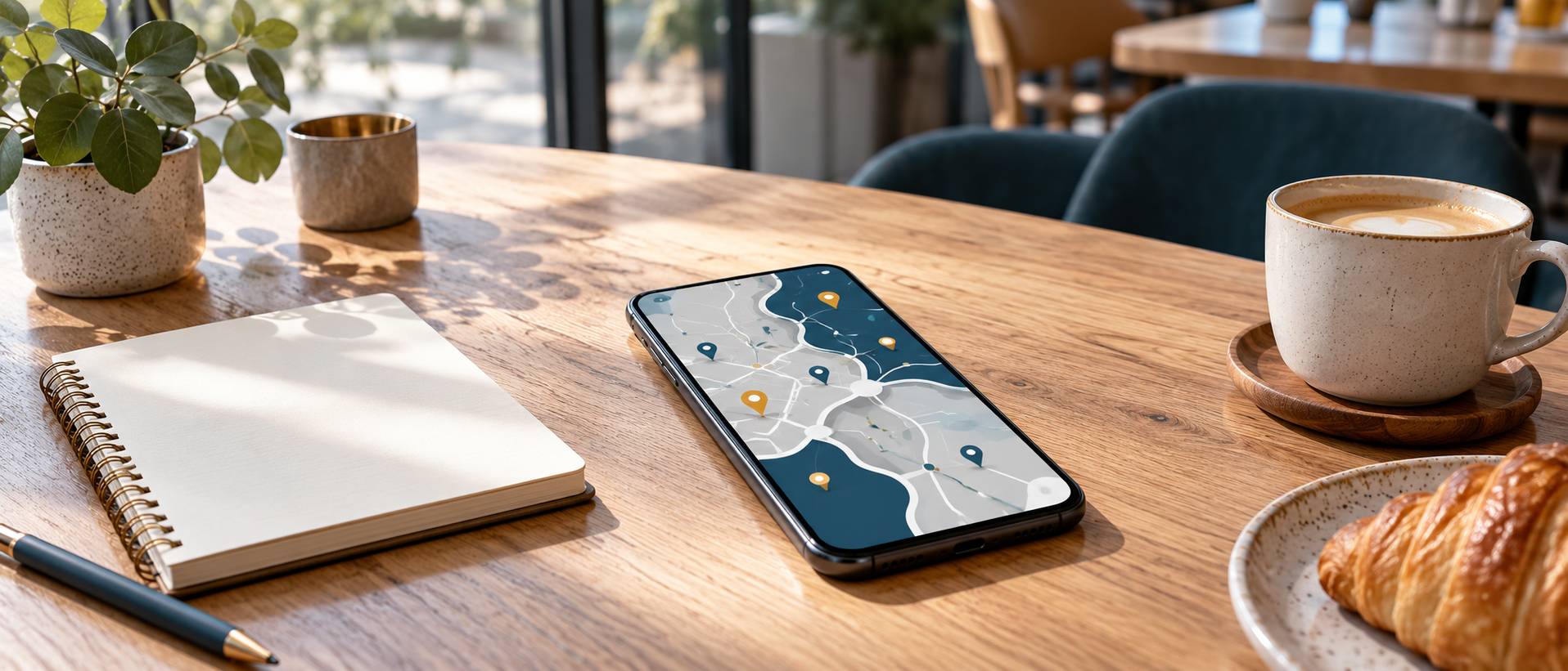 Téléphone affichant une carte abstraite avec des points et des épingles colorées