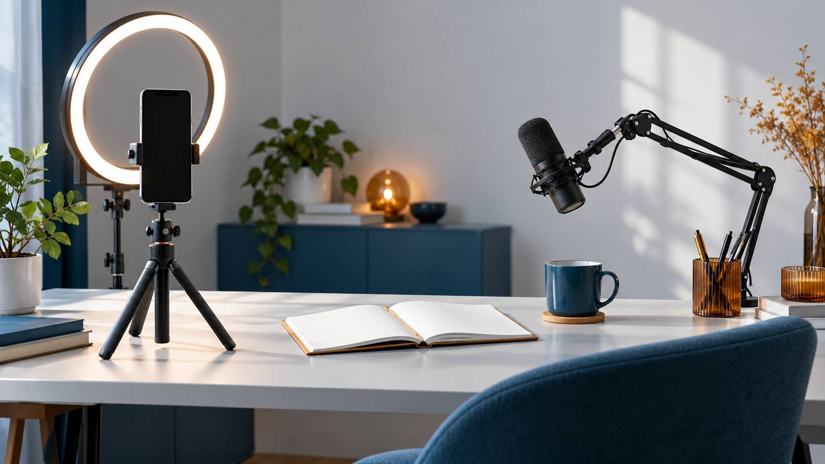 Téléphone sur pied avec anneau lumineux dans un bureau de création